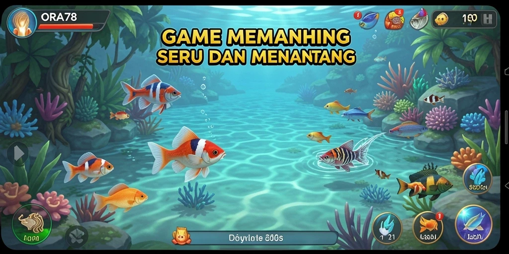 Tampilan gameplay ORA78, menangkap ikan di laut yang indah.